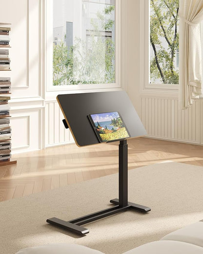 FLEXISPOT H7 PRO Mobile Standing Desk Adjustable Overbed Table Pneumatic with Wheels 90°Tiltable Portable Laptop Desk Rolling Computer Cart Foldable Bedside Table(27.6" W x 15.7" D, Black Maple)