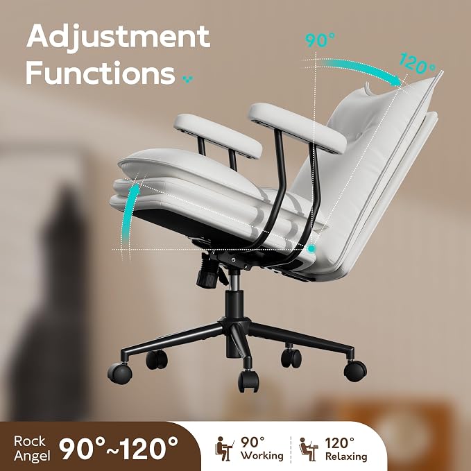 White Leather Office Chair with Triple-Layer Seat, Home Desk Chair | Comfy 7.3-inch Thick Cushion, Mid Back Ergonomic Support for Long Hours, Smooth Silent Wheels, Mid-Century Vintage Style