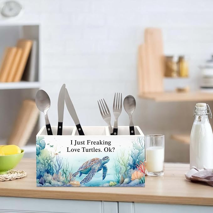 Turtle Pen Holder for Desk, Coastal Nautical Sea Animal Pencil Organizer, Turtle Gifts for Women, I Just Freaking Love Turtles Wooden Pen Holder Desk Accessories Decor for Home Office