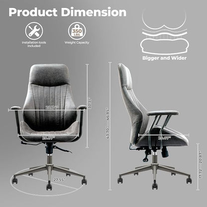 ovios Ergonomic Office Chair, High Back Faux Leather Executive Chairs with Armrests, Comfy Mid-Century Modern Swivel Rolling Computer Armchair (Dark Grey, Suede Leather)