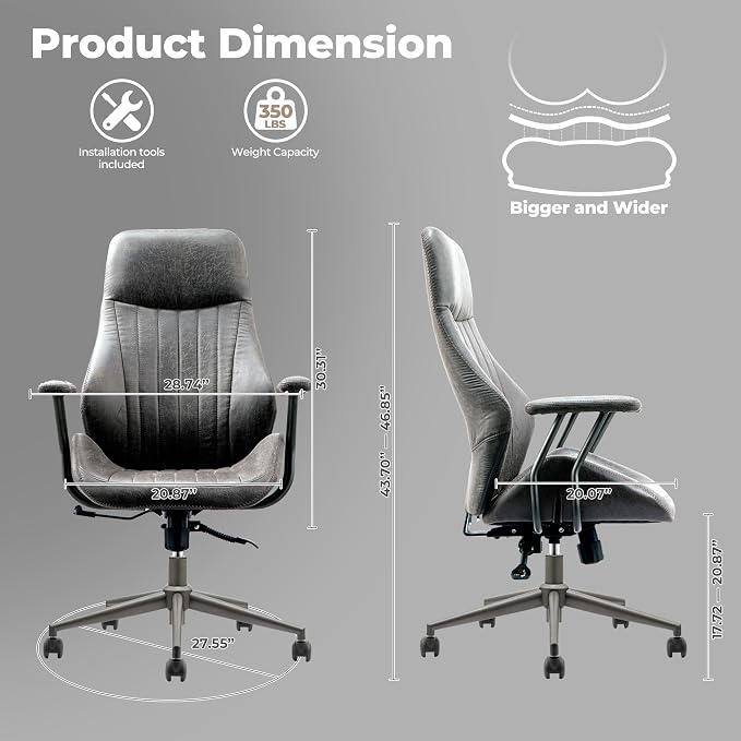 ovios Home Office Chair, Mid-Century Modern Faux Suede Leather Ergonomic Chairs, High Back Comfy Computer Swivel Rolling Task Executive Armchair, Grey
