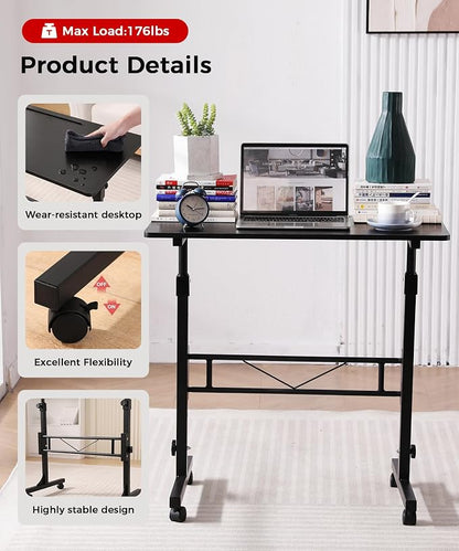 Standing Desk Adjustable Height, Mobile Stand Up Desks with Wheels Small Computer Desk Rolling Desk, Portable Laptop Desk Black Standing Table Sit Stand Home Office Desks 16"x31.5" Height 27"-43.5"