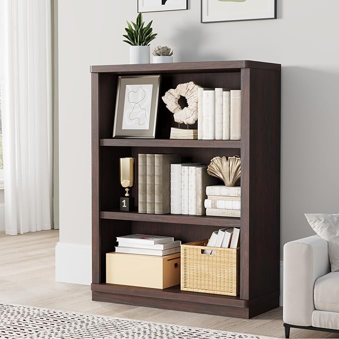 Rresyet 3 -Tier Bookcase, 42" Tall Book Shelf, 31” Wide Bookshelves, Wooden Bookcase Display Storage for Home Office, Living Room and Study Room (Cherry)