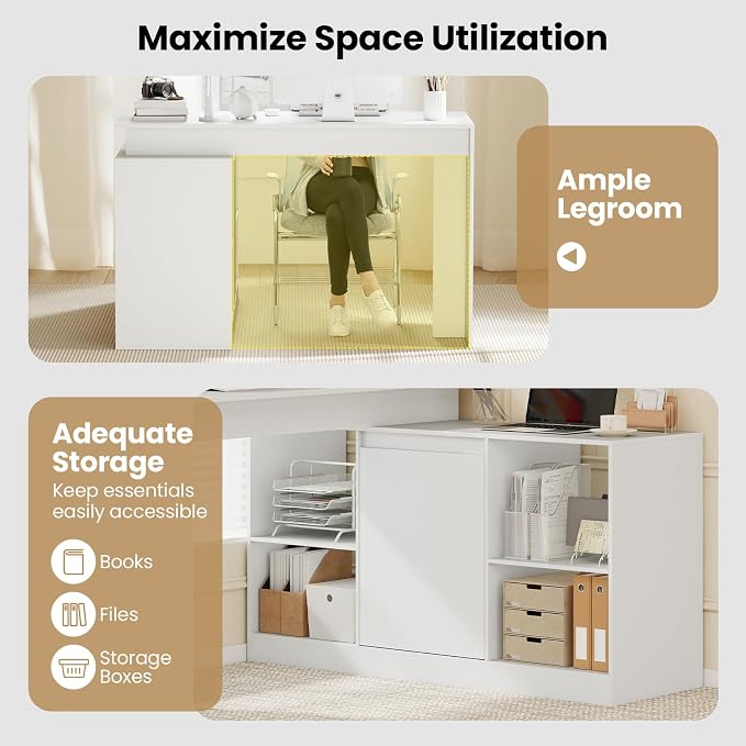 Tangkula Reversible L-Shaped Desk w/Storage Cabinet & 4 Shelves, White Corner Desk for Writing Study, Modern Computer Desk for Small Spaces, Executive Laptop Workstation for Home Office