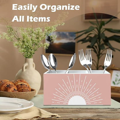 DILSJ Pink Boho Abstract Sunshine Pen Pencil Holder Organizer for Desk, Boho Office Decor, Pink Mid Century Modern Minimalist Sun Sunshine Wooden Box Signs for Home Office Desk Tabletop Decoration