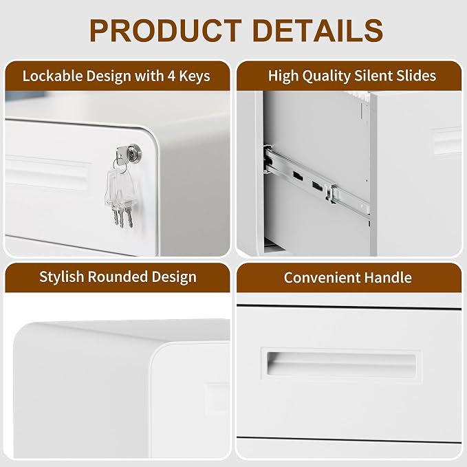 3 Drawers Slim File Cabinet, Mobile Filing Cabinet with Lock, Steel, Fully Assembled Except Casters, for Home Office, for A4, Letter, Legal File Folders, White