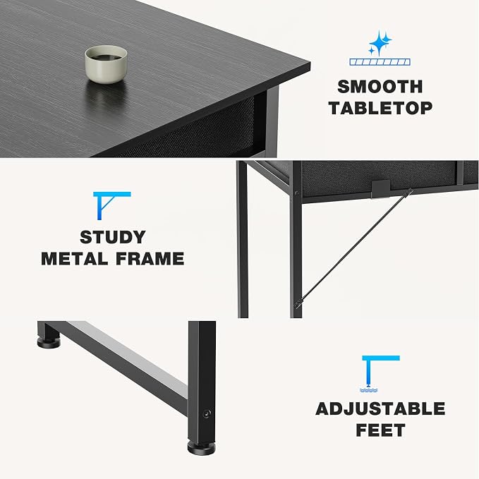 OLIXIS 32 Inch Small Desk with Fabric Drawers for Home Office, Gaming Computer Desk with Side Bag & Headphone Hook, Writing Study Work Table for Bedroom Small Space, Sleek Black