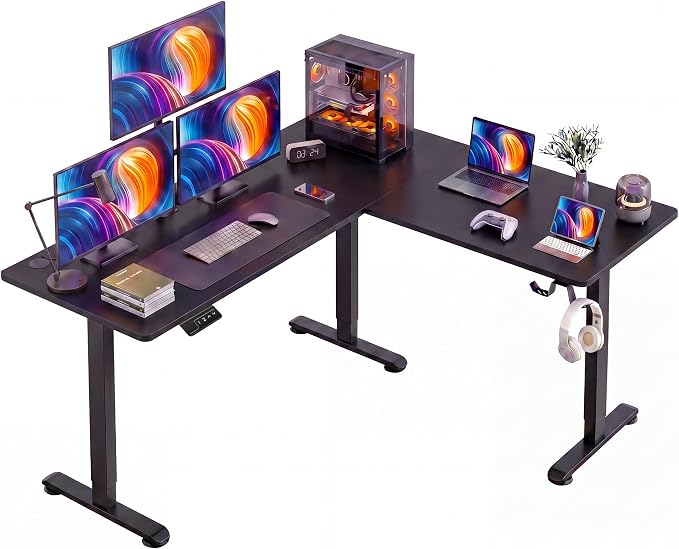 63” L Shaped Standing Desk,Electric Height Adjustable Corner Stand Up Desk, Ergonomic Sit Stand Home Office Computer Desk with Splice Board (Black)
