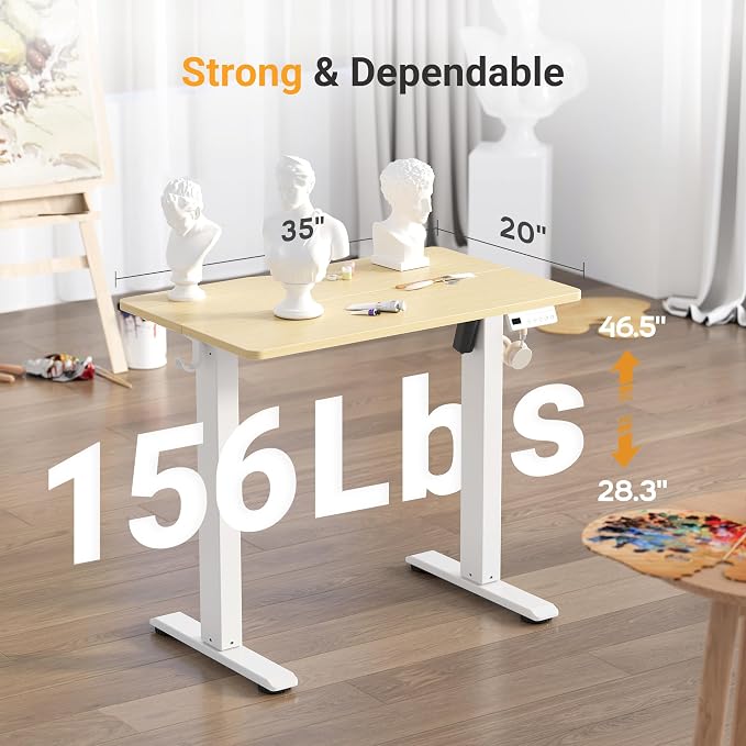 YDN 35" Small Electric Standing Desk Adjustable Height, Sit Stand up Desk with Memory Presets & Cable Management, Home Office Desk for Office & Computer Workstation, White Frame/Nature Top