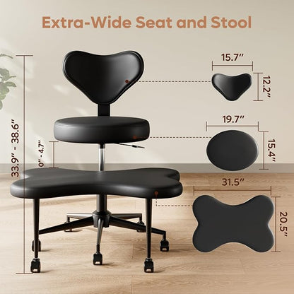 Pinmoco Ergonomic Cross Legged Chair, 360° Swivel Meditation Chair with Wheels, Height Adjustable Seat for ADHD, Strong Lumbar Support, Chic Home Office Furniture, PU Leather, Black