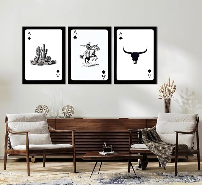 Western Cowboy Wall Art Set of 3 Southwestern Cowboy Print Playing Card Canvas Wall Decor Longhorn Bull Skull Poster Picture Prints Painting for Bedroom Living Room 16x24 In Framed