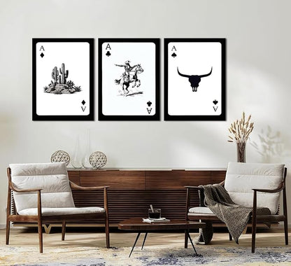 Western Cowboy Wall Art Set of 3 Southwestern Cowboy Print Playing Card Canvas Wall Decor Longhorn Bull Skull Poster Picture Prints Painting for Bedroom Living Room 16x24 In Framed