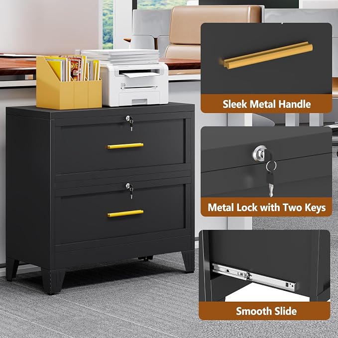 Metal Lateral File Cabinet with Lock,2 Drawer Steel Wide Filing Organization Storage Cabinets for Legal/Letter/A4/F4 Size with Hanging Files&Key,Lockable Printer Stand for Home Office, Black