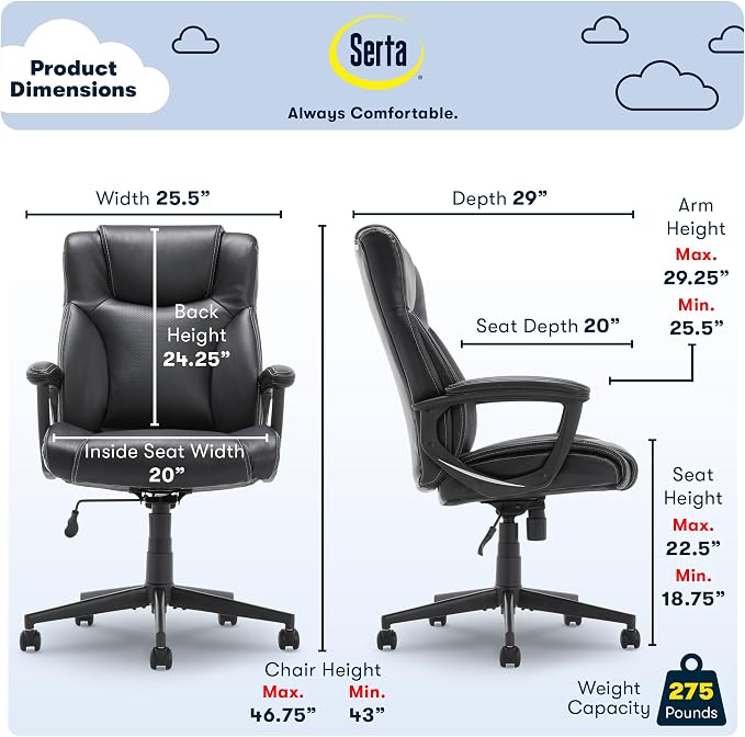 Serta Connor Executive Office Chair, Ergonomic Computer Chair with Layered Body Pillows, Contoured Lumbar, Adjustable Seat Height, Bonded Leather, Black