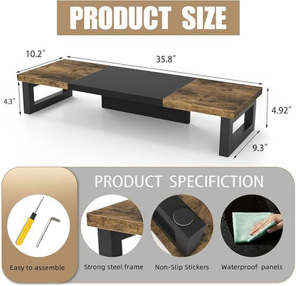 WESTREE Dual Monitor Stand Riser, Wood and Steel Multi-Purpose Desktop Storage Stand for 2 Monitors for Computer, Laptop, Printer, TV, Rustic Brown