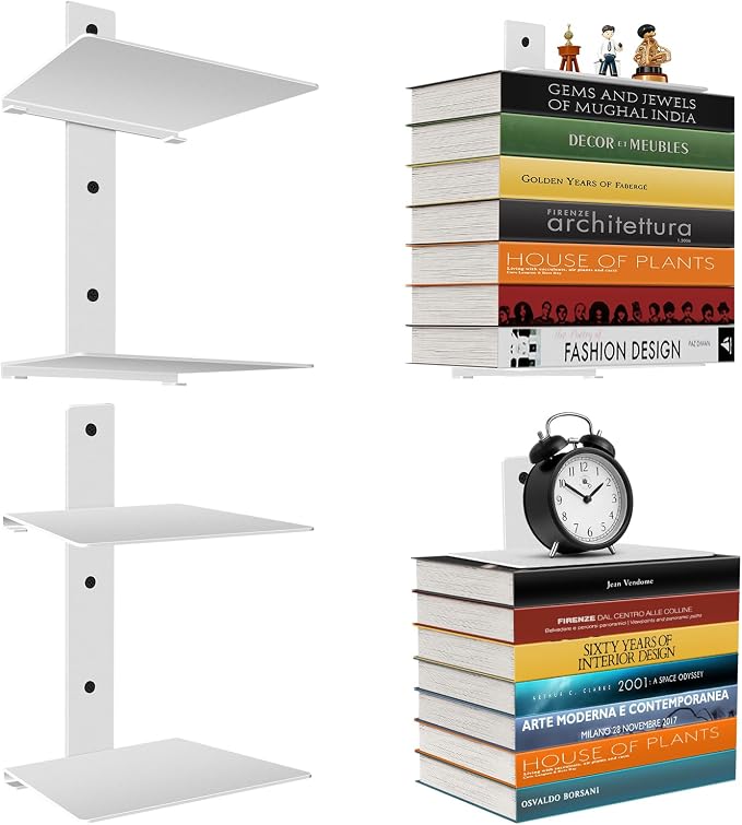 Professional Invisible Floating Book Shelves for Wall, 4 Tier Vertical Spine Book Tower Hanging Bookshelves, Wall Mounted & Space Saving, Heavy Duty Metal Book Organizer for Home Office, 2 Pack White