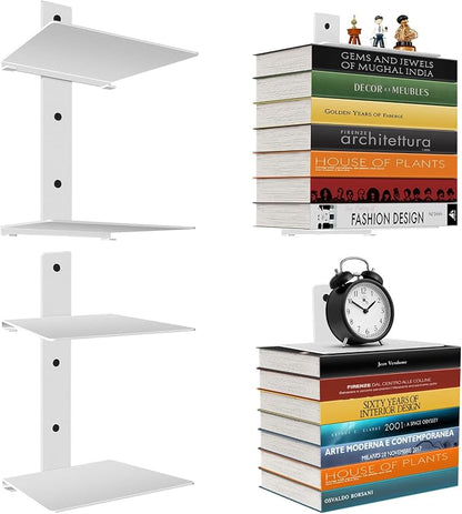 Professional Invisible Floating Book Shelves for Wall, 4 Tier Vertical Spine Book Tower Hanging Bookshelves, Wall Mounted & Space Saving, Heavy Duty Metal Book Organizer for Home Office, 2 Pack White
