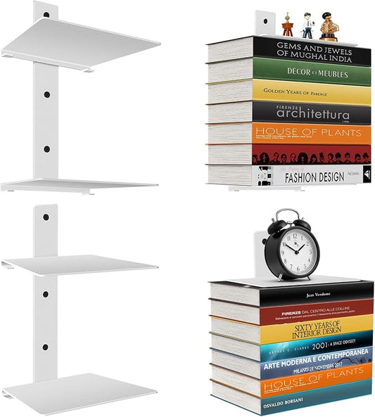 Professional Invisible Floating Book Shelves for Wall, 4 Tier Vertical Spine Book Tower Hanging Bookshelves, Wall Mounted & Space Saving, Heavy Duty Metal Book Organizer for Home Office, 2 Pack White