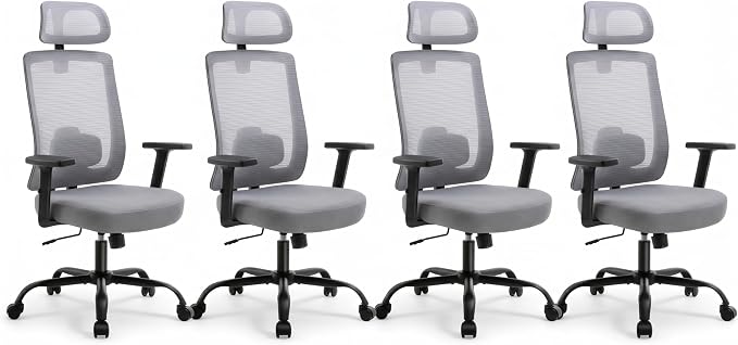 Ergonomic Office Chair, Office Desk Chair with High Back Mesh and Adjustable Lumbar Support, Rolling Work Chairs with Wheels and Adjustable Headrests, Wide Cushion, Set of 4, Grey