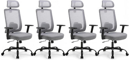 Ergonomic Office Chair, Office Desk Chair with High Back Mesh and Adjustable Lumbar Support, Rolling Work Chairs with Wheels and Adjustable Headrests, Wide Cushion, Set of 4, Grey