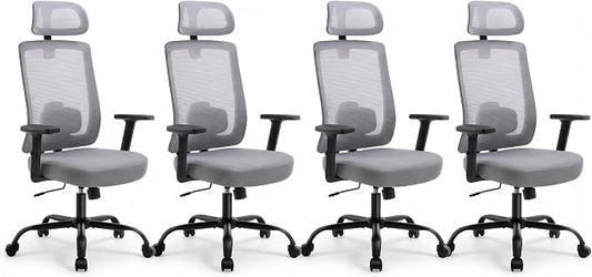 Ergonomic Office Chair, Office Desk Chair with High Back Mesh and Adjustable Lumbar Support, Rolling Work Chairs with Wheels and Adjustable Headrests, Wide Cushion, Set of 4, Grey