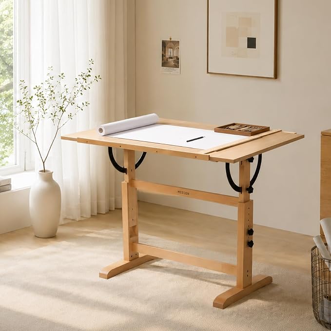 MEEDEN Extra-Large Wood Drafting Table: 42" x 30" Artist Drawing Table Desk - Painting Table with Adjustable Height & Angle - Art Table for Adults with Pencil Ledge for Sketching, Writing, Natural