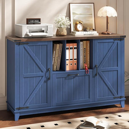 Vabches Lateral File Cabinet with File Drawer, Farmhouse Filing Cabinet with Storage Shelves for Legal/A4/Letter Size Hanging Files, Large Modern Printer Stand for Home Office (Navy Blue and Brown)