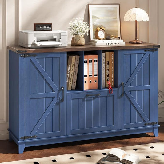 Vabches Lateral File Cabinet with File Drawer, Farmhouse Filing Cabinet with Storage Shelves for Legal/A4/Letter Size Hanging Files, Large Modern Printer Stand for Home Office (Navy Blue and Brown)