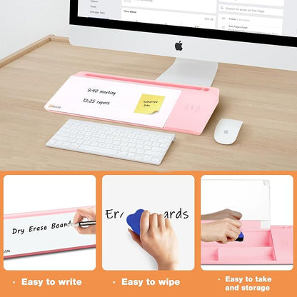 SELEAD Desktop Glass Whiteboard with Wireless Charger Station and Mirror, Dry Erase Board Computer Pad Keyboard Stand with Organizer for Home, School, Office Desk Accessories, Pink