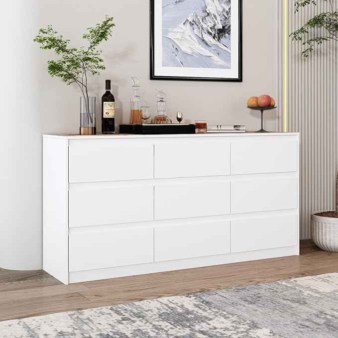 Home Office Cabinet with 9 Storage Units, 63” Lateral File Cabinet with No Handle Drawers, Wide Storage Cabinet, White, 15.7”D x 63”W x 31.5”H
