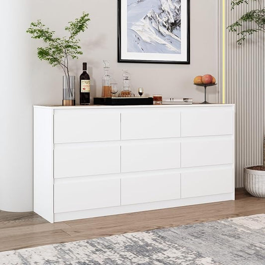 Home Office Cabinet with 9 Storage Units, 63” Lateral File Cabinet with No Handle Drawers, Wide Storage Cabinet, White, 15.7”D x 63”W x 31.5”H