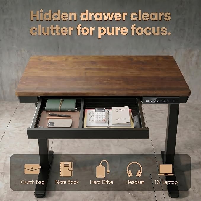 HUANUO 40 X 24 Inch Standing Desk with Drawers, Electric Adjustable Height Desk, Quick Install One-Piece Tabletop with USB Charging Ports, Sit to Stand Up Desk for Home Office, Black Walnut