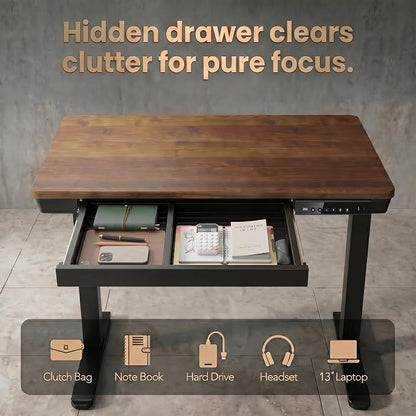 HUANUO 40 X 24 Inch Standing Desk with Drawers, Electric Adjustable Height Desk, Quick Install One-Piece Tabletop with USB Charging Ports, Sit to Stand Up Desk for Home Office, Black Walnut