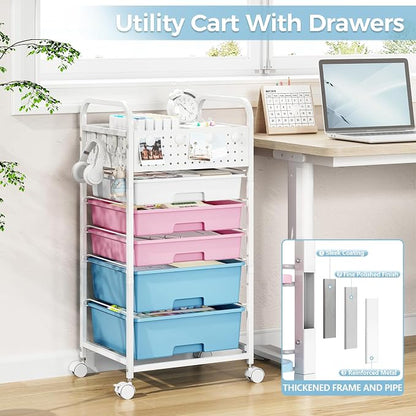 5 Drawer Rolling Storage Cart with Pegboard Top and Hooks, Mobile Organizer Cart with Wheels for Office Supplies, Craft Storage, Classroom Organization, Home Utility Cart, Pink&Blue