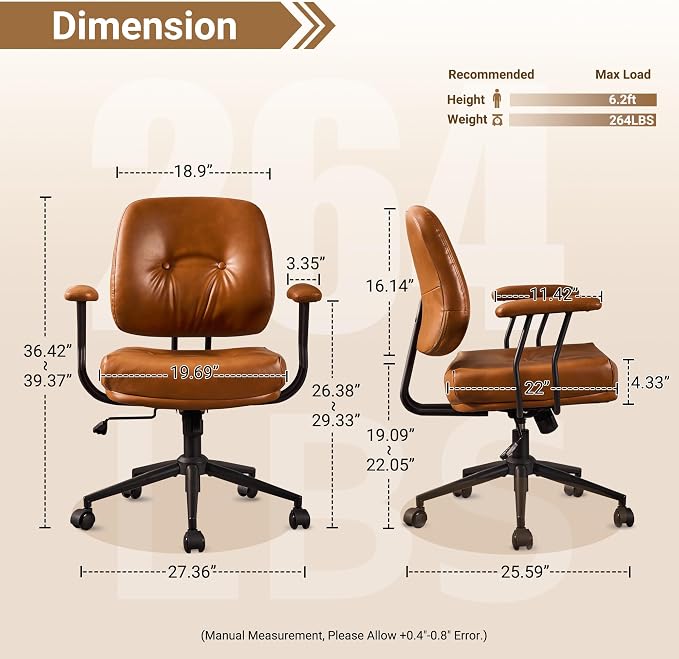 Ergonomic Home Office Chair, Mid-Century PU Leather Home Office Desk Chairs with Wheels, Office Computer Chair with Rocking Swivel (Brown,PU Leather)