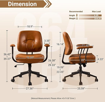 Ergonomic Home Office Chair, Mid-Century PU Leather Home Office Desk Chairs with Wheels, Office Computer Chair with Rocking Swivel (Brown,PU Leather)