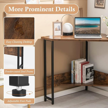 GOFLAME Corner Desk with Power Outlet, Triangle Computer Desk for Small Space, Space-Saving Writing Desk with Storage Shelf and Charging Station, Modern Laptop PC Desk for Home Office, Rustic Brown