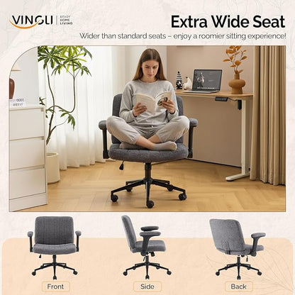 VINGLI Criss Cross Chair with Adjustable Flip-Up Arms,Cross Legged Chair with Wheels,Extra Wide Office Chair,Desk Chair for Home Office,Vanity,Bedroom, Apartment,Starry Chenille,Dark Grey