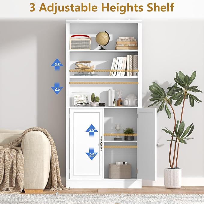 Thacuok 72'' Tall Bookcase with Doors, Adjustable Shelves, P2 MDF Construction, 32'' Wide Freestanding Cabinet with Metal Handles, Hidden Storage for Living Room, Bedroom