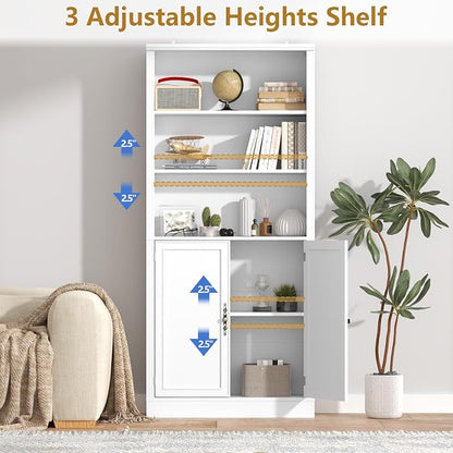 Thacuok 72'' Tall Bookcase with Doors, Adjustable Shelves, P2 MDF Construction, 32'' Wide Freestanding Cabinet with Metal Handles, Hidden Storage for Living Room, Bedroom