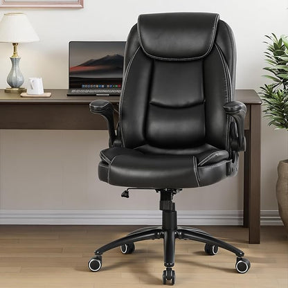 400lbs Capacity Executive Desk Chair Set of 2 with Ergonomic Lumbar Support, Flip-up Arms & High Back Leather Computer Chair for Home/Office, Black