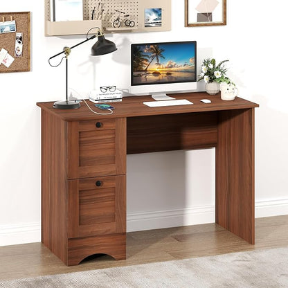 Giantex Computer Desk with 2 Drawers, 43” Wooden Home Office Desk with Charging Station, Compact Study Writing Desk, Modern Laptop PC Desk Workstation for Bedroom, Living Room (Walnut)