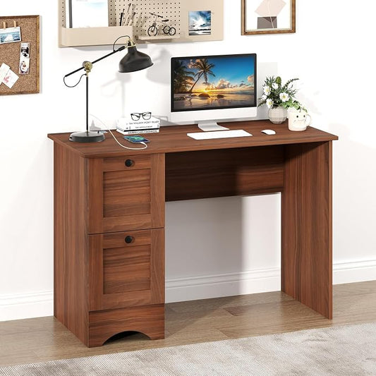 Giantex Computer Desk with 2 Drawers, 43” Wooden Home Office Desk with Charging Station, Compact Study Writing Desk, Modern Laptop PC Desk Workstation for Bedroom, Living Room (Walnut)