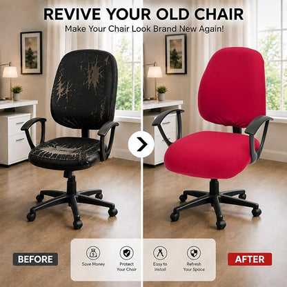 Stretchable Separate Office Chair Seat Covers - Universal Stretch Computer Chair Slipcover - 180GSM Washable Rotating Backrest Coverings & Cushion Protectors for Dogs, Cats, Pets, Red