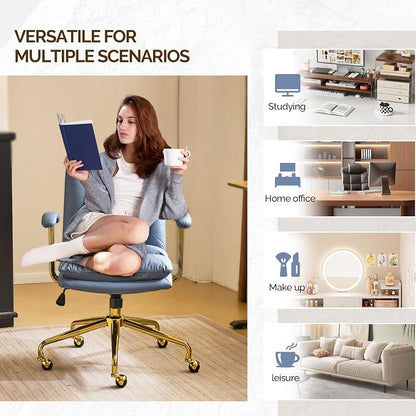 VINGLI Home Office Desk Chair Comfy with Wheels & Armrests,Gold Base Vanity Chair with Back,Adjustable Rolling Swivel Computer Task Chair for Study,Home Office,Cat Scratch PU,Navy Blue