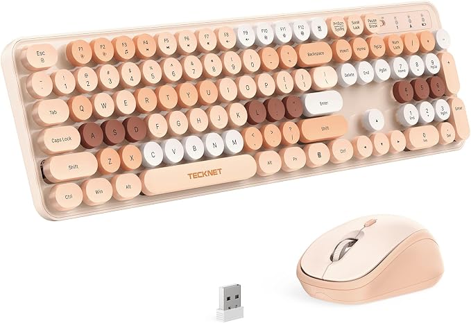 TECKNET Wireless Keyboard and Mouse Combo, Dual Bluetooth & 2.4G, Full Size Retro Typewriter Keyboard with Number Pad, Quiet Round Keys, Colorful Design for Laptop, PC, Tablet, Home Office