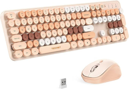 TECKNET Wireless Keyboard and Mouse Combo, Dual Bluetooth & 2.4G, Full Size Retro Typewriter Keyboard with Number Pad, Quiet Round Keys, Colorful Design for Laptop, PC, Tablet, Home Office