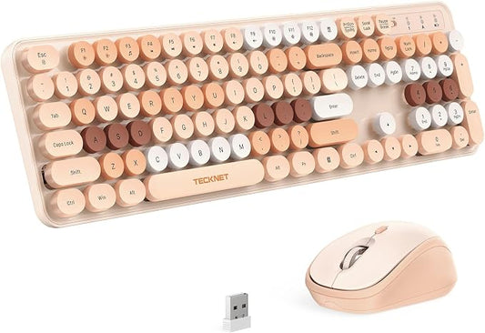 TECKNET Wireless Keyboard and Mouse Combo, Dual Bluetooth & 2.4G, Full Size Retro Typewriter Keyboard with Number Pad, Quiet Round Keys, Colorful Design for Laptop, PC, Tablet, Home Office