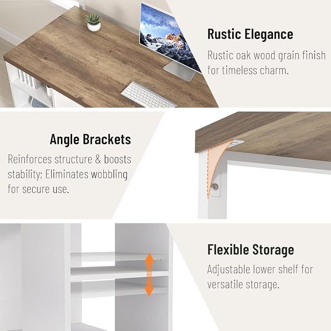 EXCEFUR Modern Computer Desk for Home Office, PC Gaming Desk with Reversible Storage Shelves, Study Writing Table Workstations for Living Room, 53 Inch, Rustic Oak and White