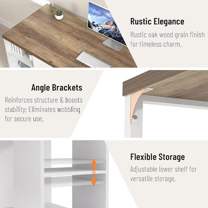 EXCEFUR Modern Computer Desk for Home Office, PC Gaming Desk with Reversible Storage Shelves, Study Writing Table Workstations for Living Room, 53 Inch, Rustic Oak and White